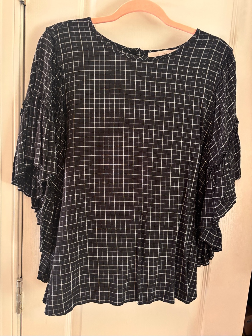 LOFT Black Windowpane Ruffle Sleeve Tunic